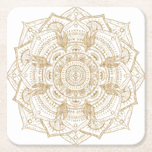 Elegant White & Gold Mandala Hand Drawn Design Square Paper Coaster