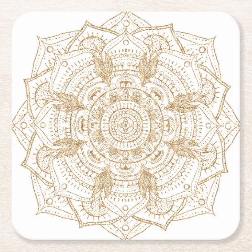 Elegant White  Gold Mandala Hand Drawn Design Square Paper Coaster