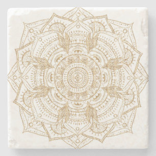 Elegant White & Gold Mandala Hand Drawn Design Stone Coaster