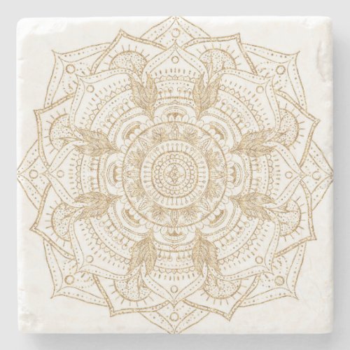 Elegant White  Gold Mandala Hand Drawn Design Stone Coaster