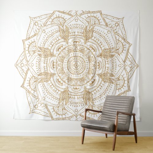 Elegant White  Gold Mandala Hand Drawn Design Tapestry