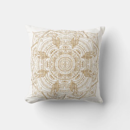 Elegant White  Gold Mandala Hand Drawn Design Throw Pillow