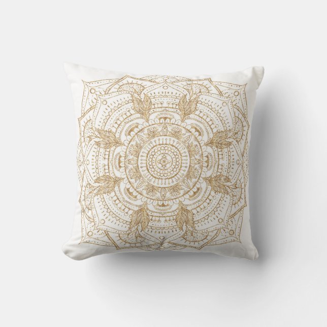 Elegant White & Gold Mandala Hand Drawn Design Throw Pillow (Front)