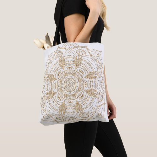 Elegant White  Gold Mandala Hand Drawn Design Tote Bag