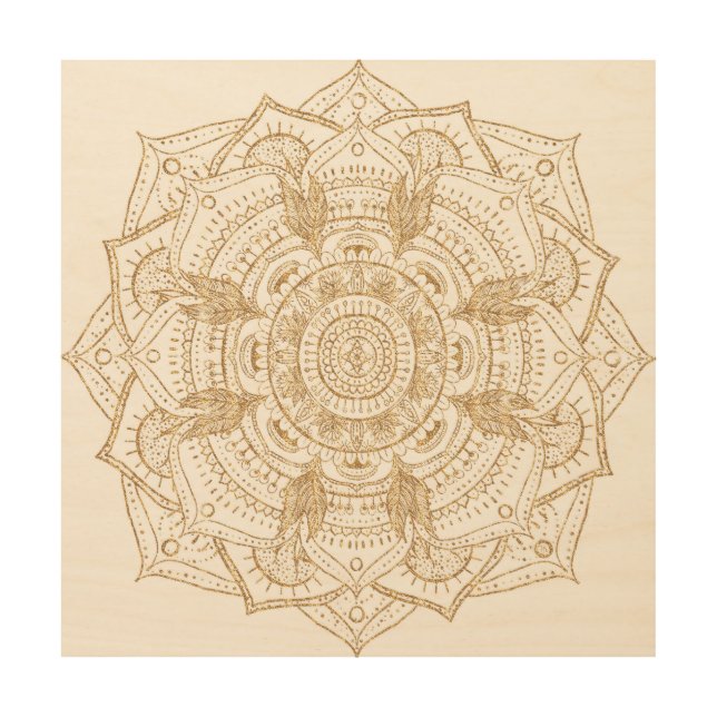 Elegant White & Gold Mandala Hand Drawn Design Wood Wall Art (Front)