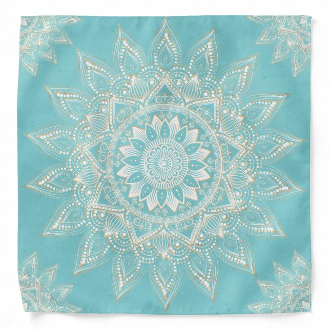 Elegant White Gold Mandala Sky Blue Design Bandana (Front)