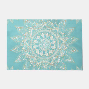Elegant White Gold Mandala Sky Blue Design Doormat