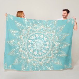 Elegant White Gold Mandala Sky Blue Design Fleece Blanket