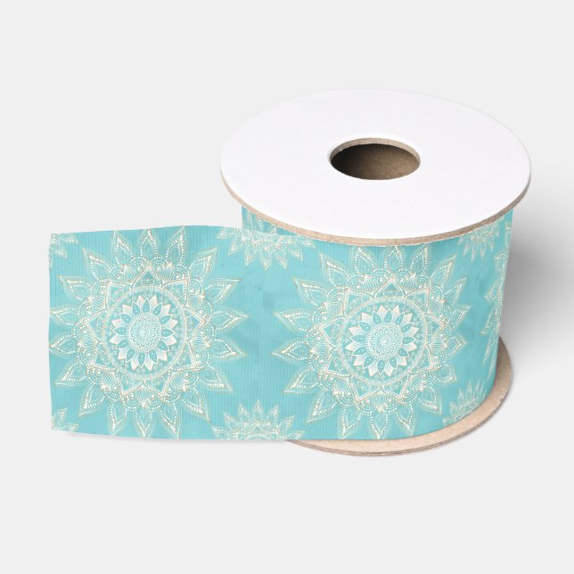 Elegant White Gold Mandala Sky Blue Design Grosgrain Ribbon (Spool)