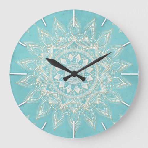 Elegant White Gold Mandala Sky Blue Design Large Clock