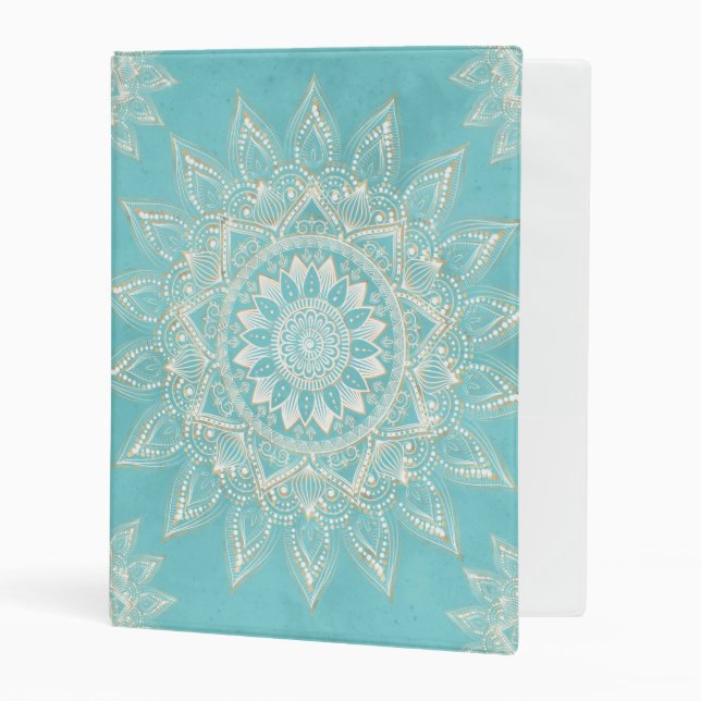Elegant White Gold Mandala Sky Blue Design Mini Binder (Front/Inside)