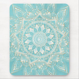 Elegant White Gold Mandala Sky Blue Design Mouse Pad