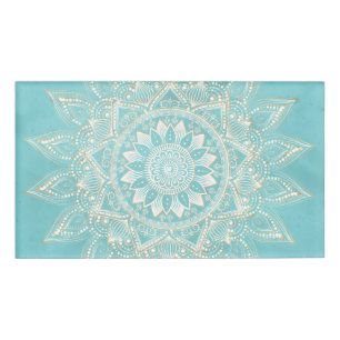 Elegant White Gold Mandala Sky Blue Design Name Tag