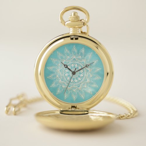 Elegant White Gold Mandala Sky Blue Design Pocket Watch