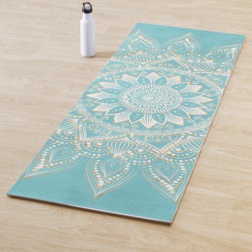 Elegant White Gold Mandala Sky Blue Design Yoga Mat