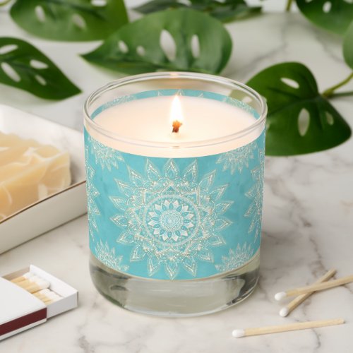 Elegant White Gold Mandala Sky Blue  Scented Candle