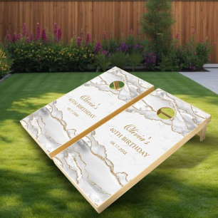 Elegant White & Gold Marble Birthday Party Cornhole Set