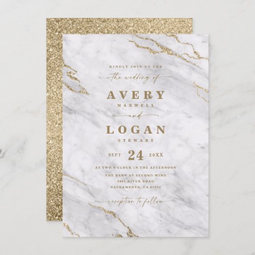 Elegant White  Gold Marble  Glitter Wedding Invi Invitation
