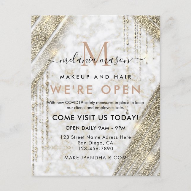 Elegant White Gold Marble Grand Opening Salon Flyer (Front)