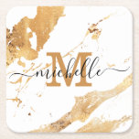 Elegant White Gold Marble Hand Lettered Monogram  Square Paper Coaster<br><div class="desc">Elegant White Gold Marble Hand Lettered Monogram Square Paper Coaster</div>
