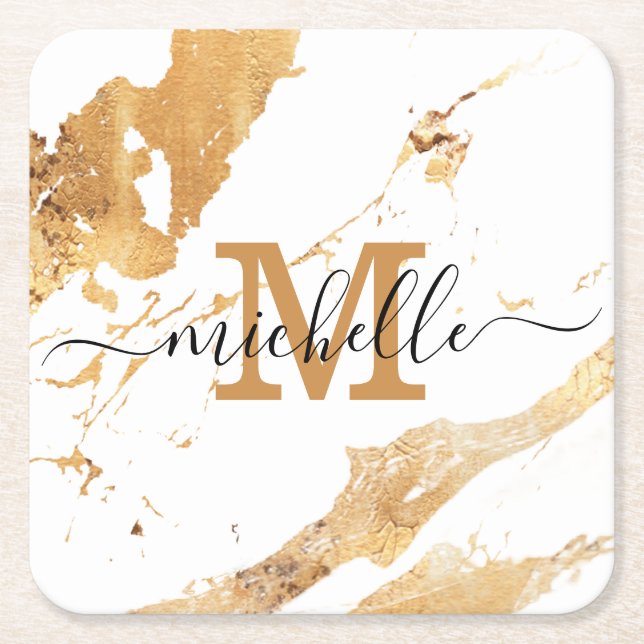 Elegant White Gold Marble Hand Lettered Monogram  Square Paper Coaster (Front)