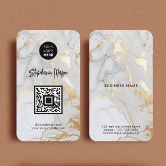 Elegant White Gold Marble Logo & QR Code Modern Business Card