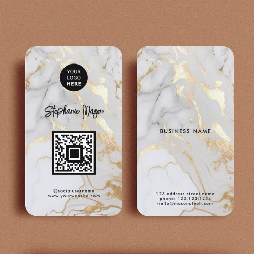 Elegant White Gold Marble Logo  QR Code Modern Business Card