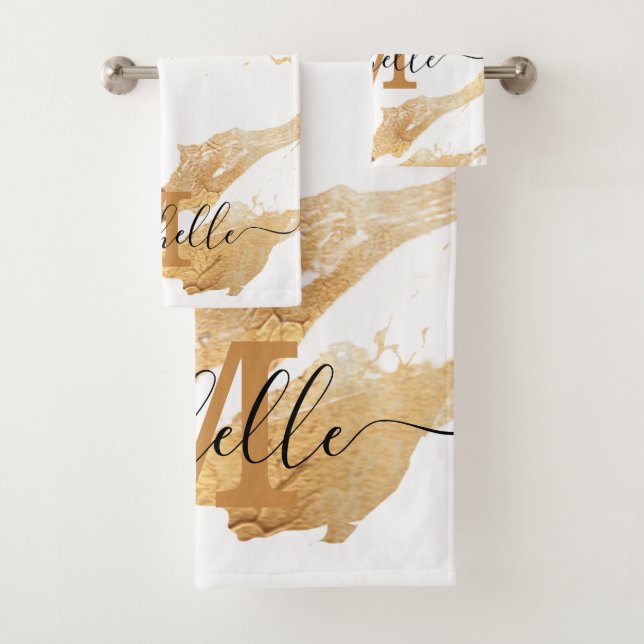 Elegant White Gold Marble Monogram Customizable Bath Towel Set (Insitu)