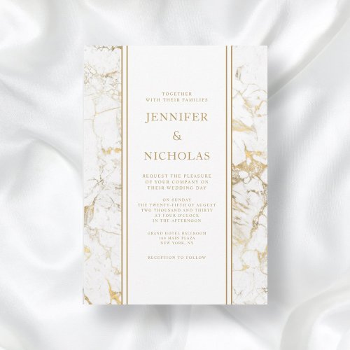 Elegant White  Gold Marble Wedding Invitation