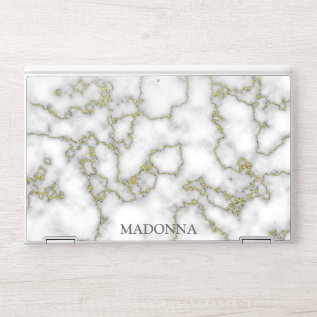 Elegant White & Gold Marble with Personalized Name HP Laptop Skin (Front)