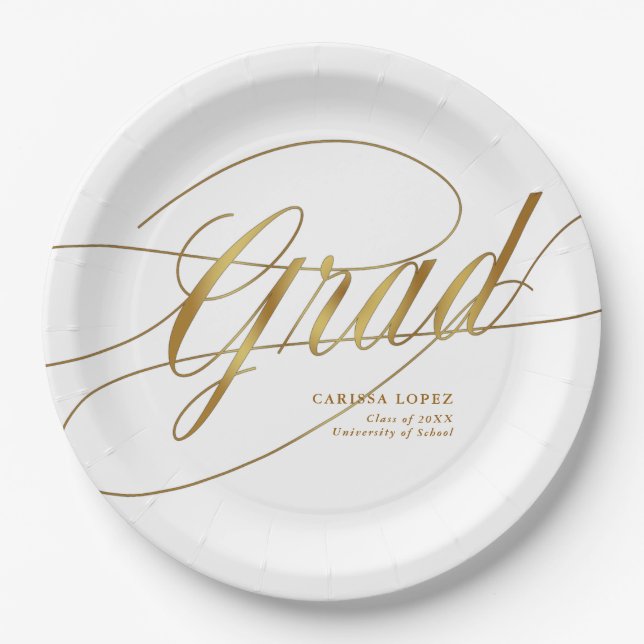 Elegant White & Gold Minimalist Grad Calligraphy Paper Plates (Front)