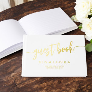 Elegant White Gold Modern Minimalist Script Foil Guest Book