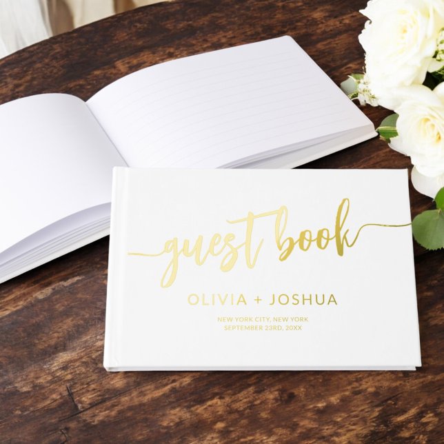 Elegant White Gold Modern Minimalist Script Foil Guest Book (Creator Uploaded)