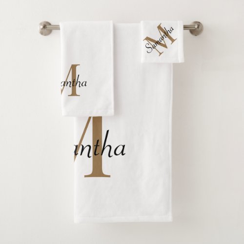 Elegant White Gold Modern Monogram Bath Towel Set