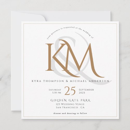 Elegant White Gold Modern Script Monogram Wedding Invitation