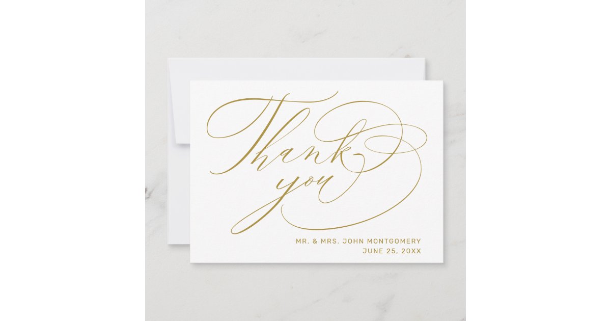 Elegant White Gold Modern Script Wedding Thank You Card | Zazzle