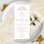 Elegant White Gold Monogram Crown Crest Wedding Menu<br><div class="desc">Elegant monogrammed wedding menu with beautiful hand drawn crown crest monogram and modern hand written calligraphy details. Simple and elegant style. Ability to personalize with your menu. Design in white and gold. Monogram and Menu In Script calligraphy in faux gold foil. Monogram letters and menu description in golden hues. Ability...</div>
