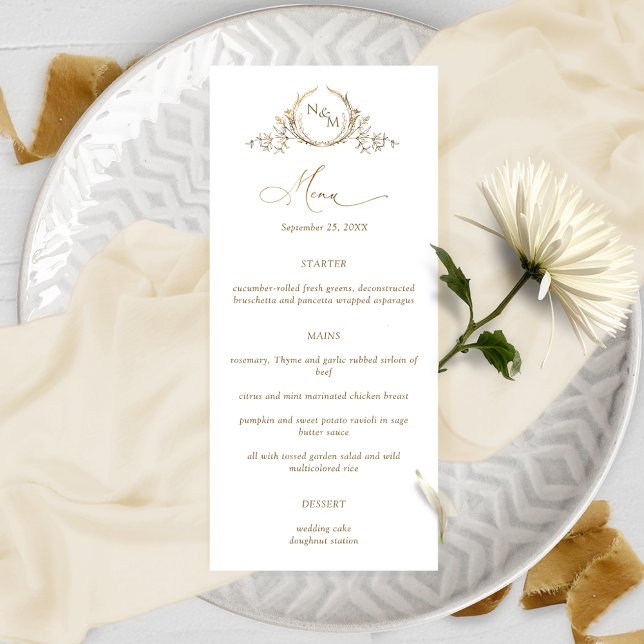 Elegant White Gold Monogram Crown Crest Wedding Menu (Creator Uploaded)