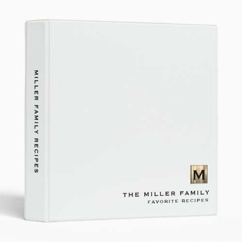 Elegant White Gold Monogram Family Recipe 3 Ring Binder