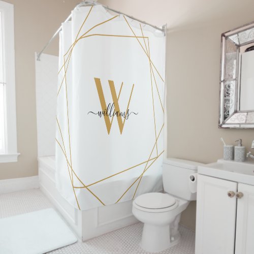 Elegant White Gold Monogram Geometric Name Script Shower Curtain