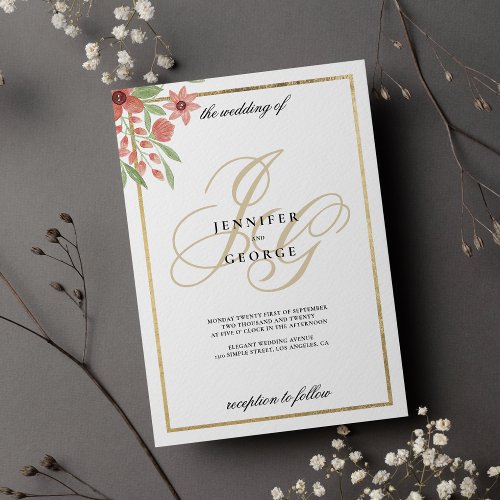 Elegant white gold monogram initial floral wedding invitation