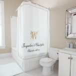 Elegant White Gold Monogram Names Newlywed Wedding Shower Curtain<br><div class="desc">Elegant White Gold Monogram Names Newlywed Wedding Shower Curtain. Personalized white and gold monogrammed Shower Curtain with classic script for the initial, the names of the bride and groom and the wedding date on a classy chic white background. Perfect gift for newly weds, or beautiful for your own bathroom. Click...</div>