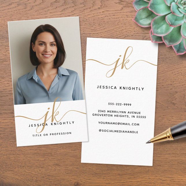 Elegant White Gold Monogram Script Initials Photo Business Card (Creator Uploaded)