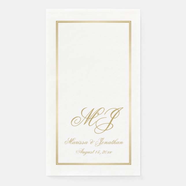Elegant White Gold Monogram Script Wedding Paper Guest Towels (Front)