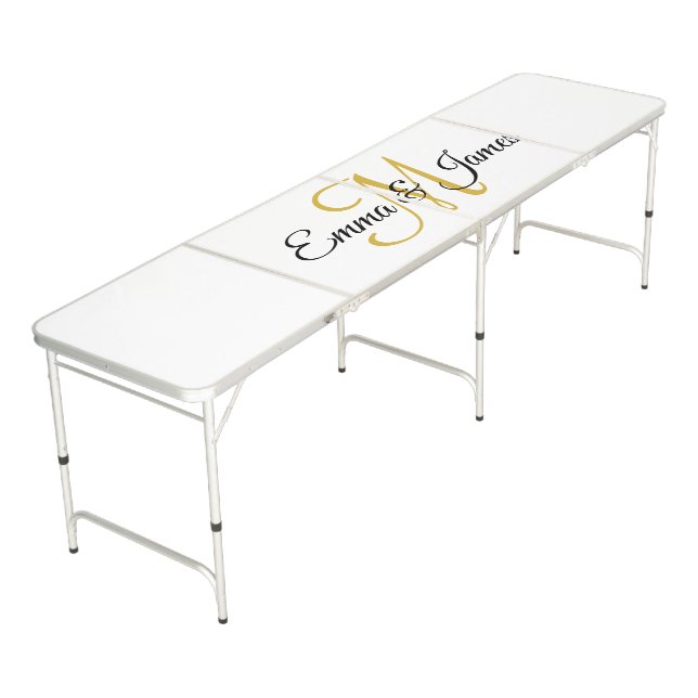 Elegant White & Gold Monogrammed Name Wedding  Beer Pong Table (Angled)