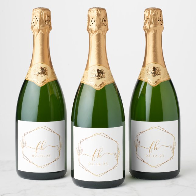 Elegant White Gold Monogrammed Wedding Sparkling Wine Label (Bottles)