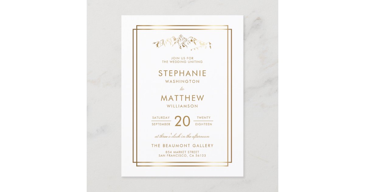 Elegant White &amp; Gold Mountain Wedding Invitation Postcard | Zazzle