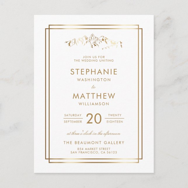 Elegant White & Gold Mountain Wedding Invitation Postcard (Front)