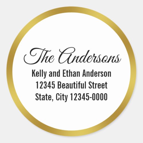 Elegant White  Gold Name Return Address Template Classic Round Sticker