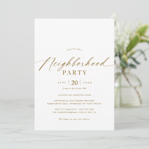 Elegant White  Gold Neighborhood Gathering Party Invitation